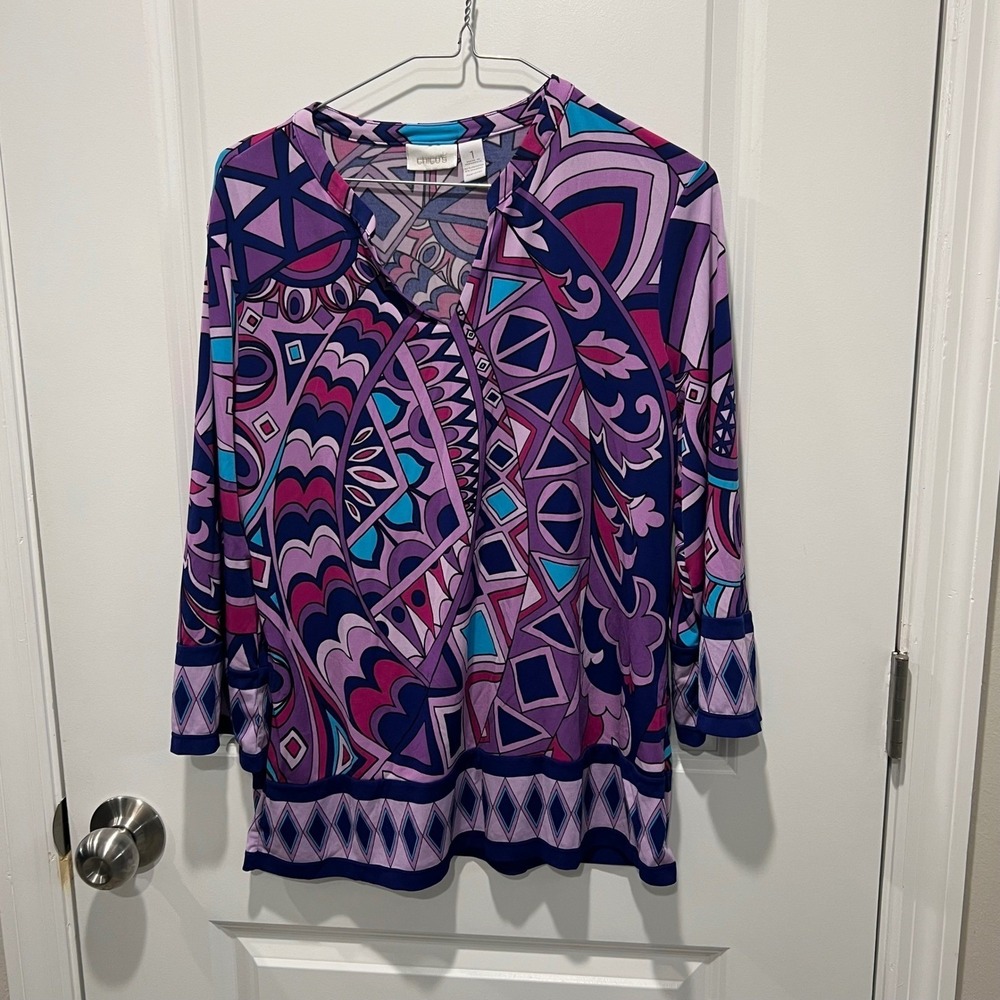 Chico's Womens Tunic Top Geometric Abstract Print Purple Size 1